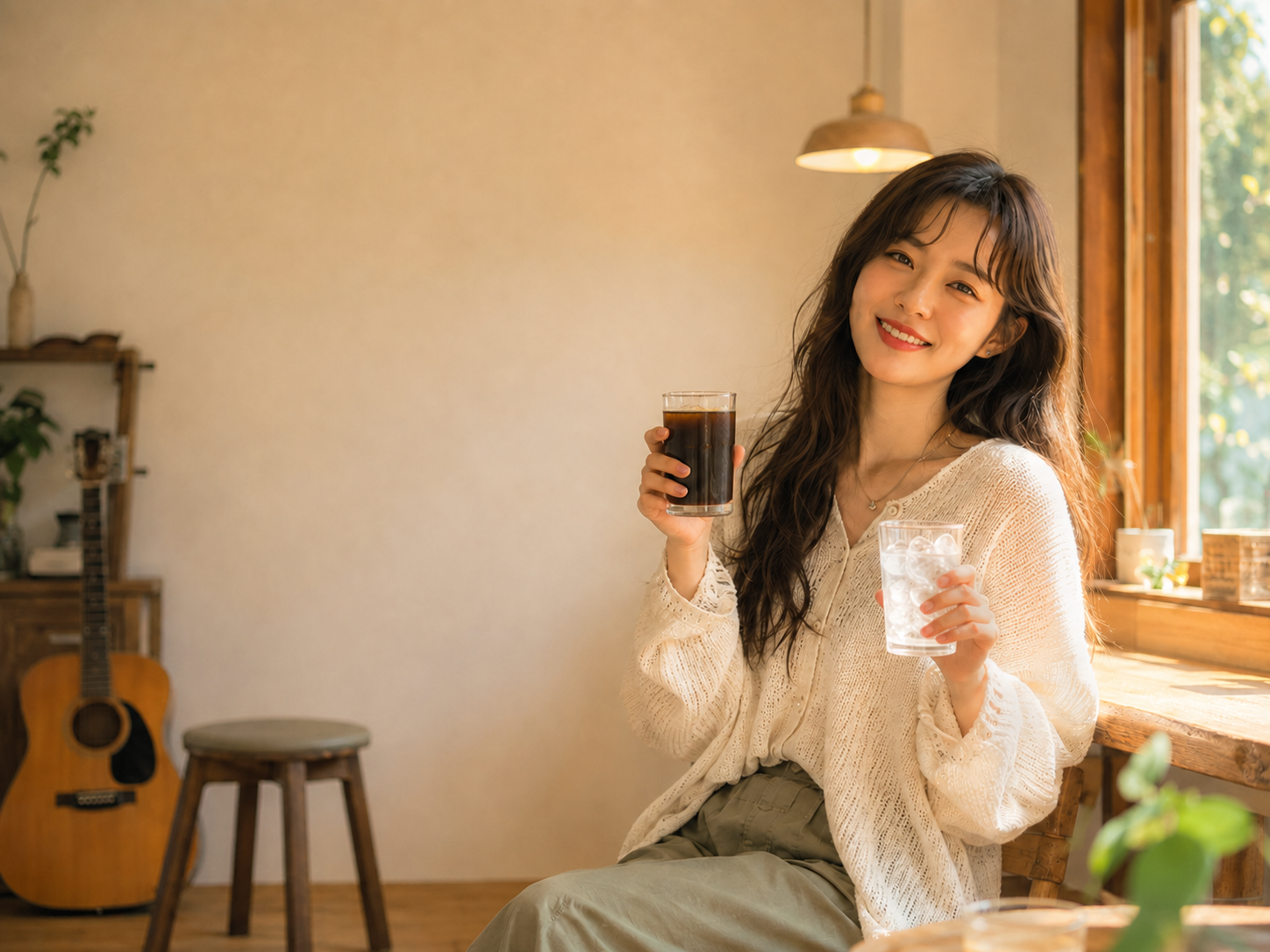 따뜻한 카페에서 커피와 얼음을 따로 들고 노래하는 가상의 여성 싱어송라이터